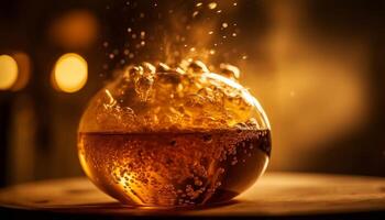 A glowing gold whiskey bottle pours a wet, yellow refreshment generated by AI photo