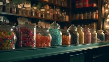 A bright, multi colored candy jar on a shelf in a store generated by AI photo