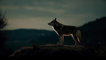 One wolf standing in the snow, howling at dusk generated by AI photo