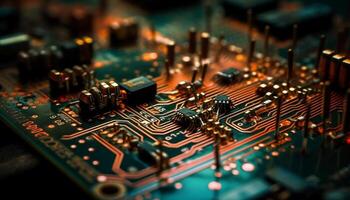 Abstract circuit board showcases complexity of modern electronics industry generated by AI photo