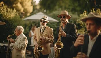 Senior men playing brass instruments at summer blues music festival generated by AI photo