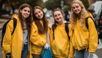 A group of carefree young adults walking in autumn rain generated by AI photo