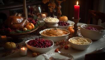 A rustic autumn meal organic berry dessert on candlelit plate generated by AI photo