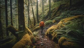 One person backpacking through tranquil forest, enjoying healthy lifestyle generated by AI photo