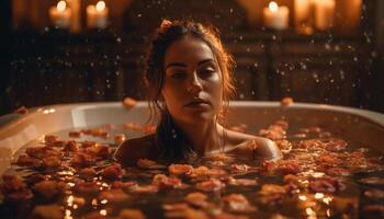 One woman enjoys pampering in a hot bubble bath spa generated by AI photo