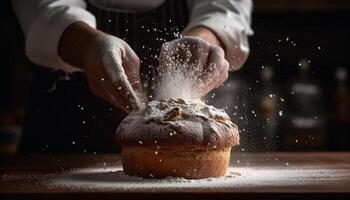 uno persona, un panadero, prepara hecho en casa dulce Pastelería masa generado por ai foto