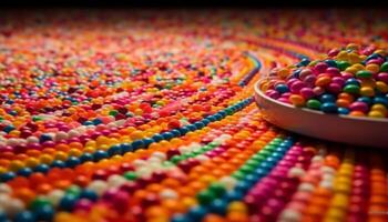 un vistoso fila de caramelo rosario, un dulce celebracion divertido generado por ai foto