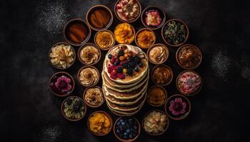 A rustic table with an abundance of healthy, organic snacks generated by AI photo