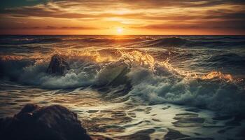 The breaking wave reflects the tranquil sunset over the horizon generated by AI photo