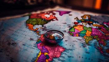 Exploration of the world through cartography and magnifying glass generated by AI photo
