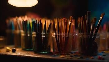 A row of shiny whiskey bottles illuminate the dark bar generated by AI photo