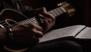 uno persona jugando acústico guitarra, punteo instrumentos de cuerda, practicando acordes generado por ai foto