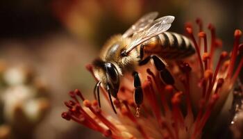 Busy beekeeper picking up pollen from small flower head outdoors generated by AI photo