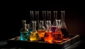 Scientist analyzing multi colored liquid variations in laboratory glassware generated by AI photo