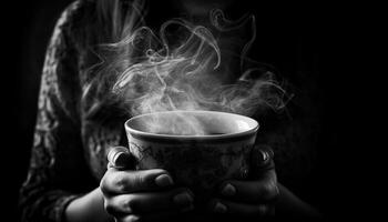 One woman holding hot coffee mug, steam rising, black background generated by AI photo