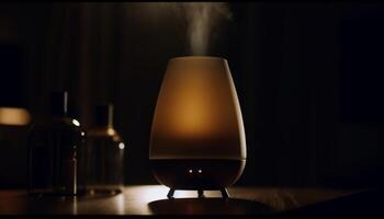 A luxurious wine bottle illuminated by candlelight on a wooden table generated by AI photo