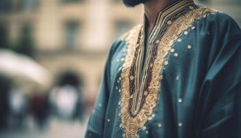 A fashionable businessman walking outdoors in traditional Indian garment with confidence generated by AI photo