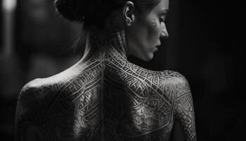 Indigenous beauty young woman tattooed shoulder in monochrome portrait generated by AI photo