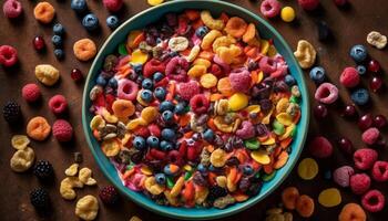 A gourmet bowl of multi colored fruit, candy, and chocolate indulgence generated by AI photo