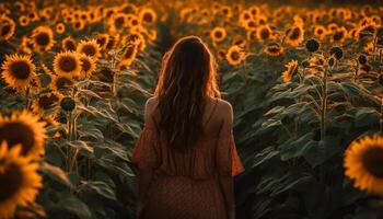 A young woman stands in a sunflower meadow at sunset generated by AI photo