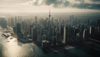 High up in the futuristic skyline, a crowded city street generated by AI photo