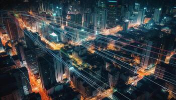 City skyline glows with modern architecture, traffic rushes below generated by AI photo