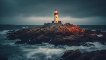 Dangerous rock object at sunset, travel with lighting equipment for safety generated by AI photo