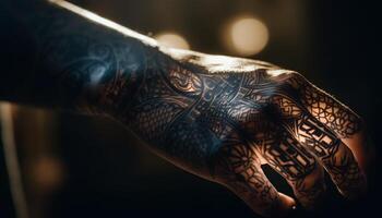 Indigenous elegance Henna tattooed hands hold gold wedding adornment generated by AI photo