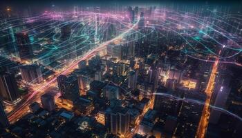 Modern city skyline glows with abstract architecture, bustling with traffic generated by AI photo