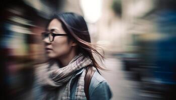 Young woman walking in autumn, smiling with confidence and elegance generated by AI photo