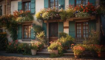 A colorful flower pot adorns the old fashioned cottage courtyard wall generated by AI photo