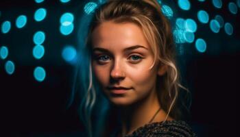 Beautiful young woman with glowing elegance, looking at camera cheerfully generated by AI photo