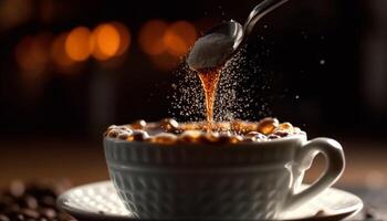 A frothy cappuccino pouring over a saucer on wood table generated by AI photo