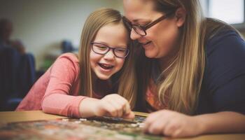 Two cute girls smiling, bonding with mother, learning art together generated by AI photo