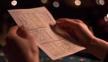 One person reading sheet music, illuminated by winter lighting equipment generated by AI photo