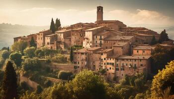 el antiguo catedral techo brilla a puesta de sol en Italia generado por ai foto