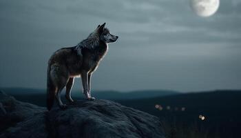 Majestic gray wolf standing in moonlit forest, howling at dusk generated by AI photo