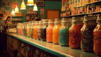 A multi colored jar of fresh, organic spices for healthy eating generated by AI photo