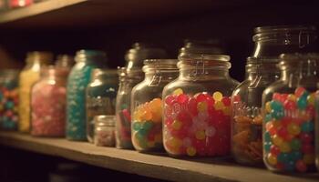 A large jar of multi colored candy, a childhood indulgence generated by AI photo