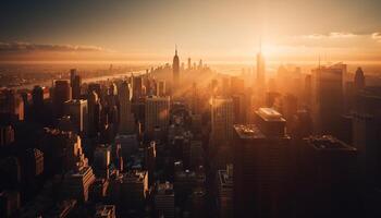 Silhouette of skyscrapers against backlit sunset in financial district generated by AI photo