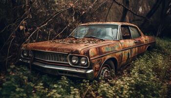 old car abandoned in the weeds scene generated by AI photo