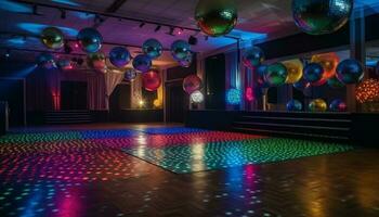 Vibrant nightclub celebration with modern lighting equipment and abstract decor generated by AI photo