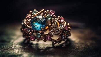 Shiny gemstones adorn antique jewelry for a glamorous personal accessory generated by AI photo