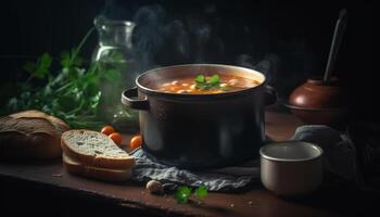 Rustic soup meal with fresh vegetables and homemade bread generated by AI photo