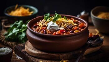 Freshly cooked vegetarian meal in rustic crockery on wooden table generated by AI photo