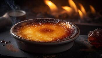 Gourmet creme brulee, burnt sugar, melting chocolate, sweet indulgence generated by AI photo