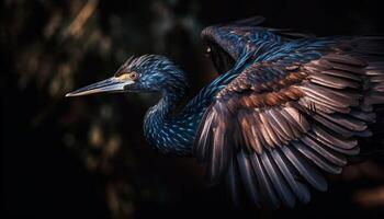 Multi colored bird of prey perching on branch near tranquil pond generated by AI photo