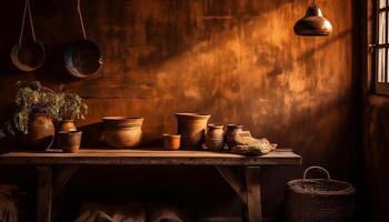 Rustic pottery jar on wooden shelf, a vintage decoration piece generated by AI photo