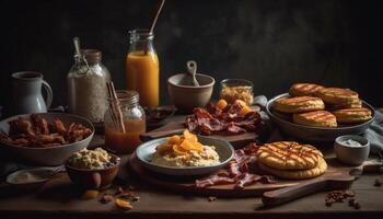 Rustic meal on wooden table fresh meat, bread, and snack generated by AI photo