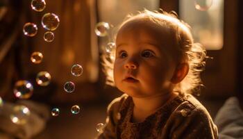 Cute Caucasian toddler playing with bubble wand brings summer enjoyment generated by AI photo